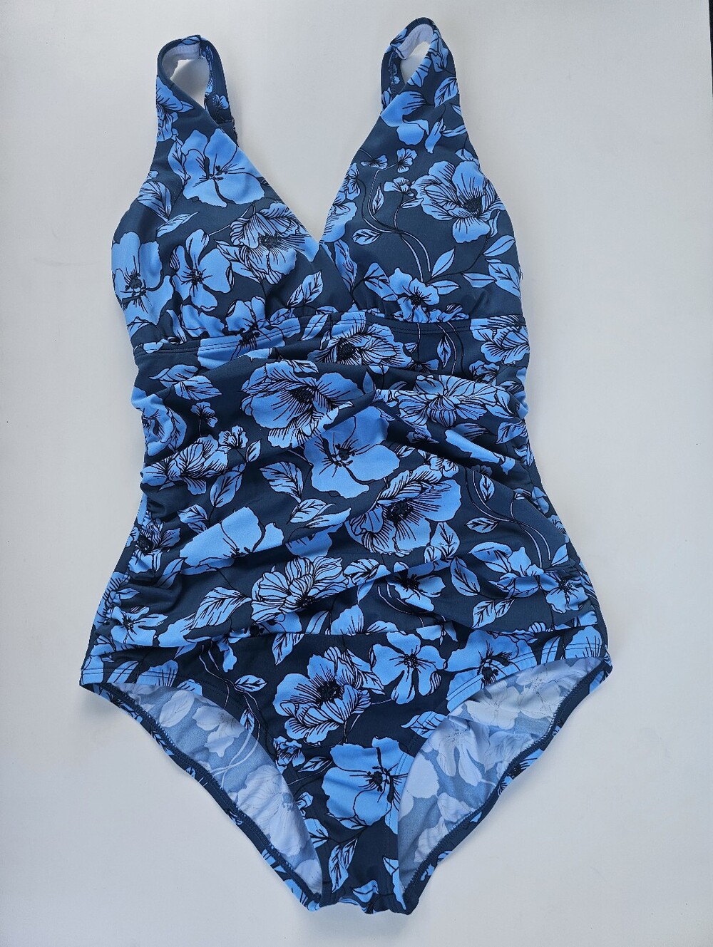 Janzen Floral One-Piece Swimsuit Women's Size 10 Blue Ruched V-Neck